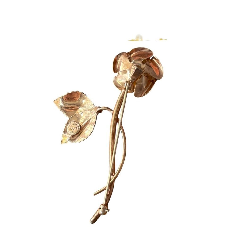 Vintage Winard 12K Gold Filled Rose Brooch Pin with Faux Pearl - Picture 2 of 6